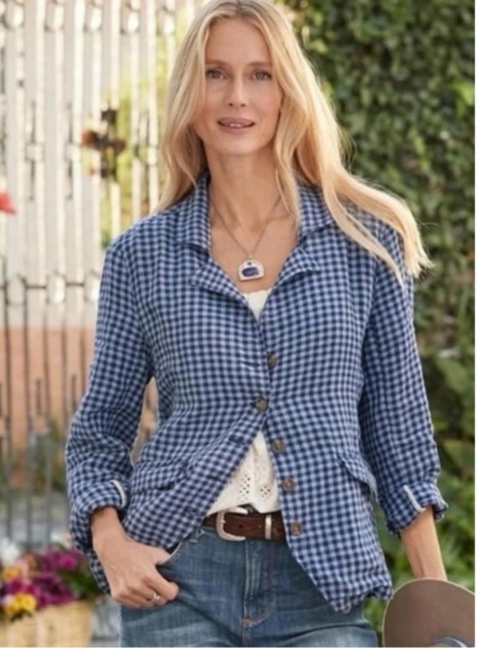 Sundance Ziri Linen Gingham Blazer Blue White Size Large
